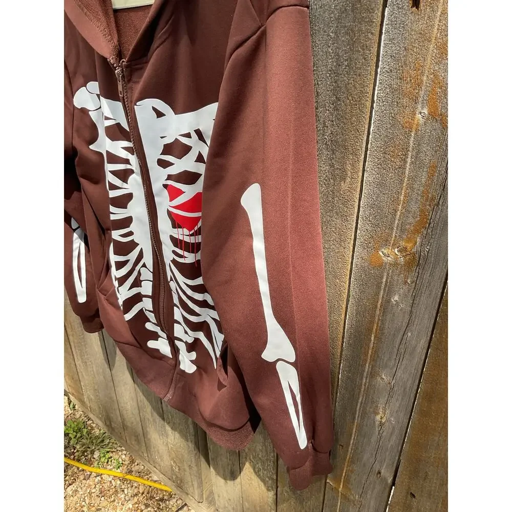 Romwe Brown Front Zipper Skeleton Hoodie  Sz Sm